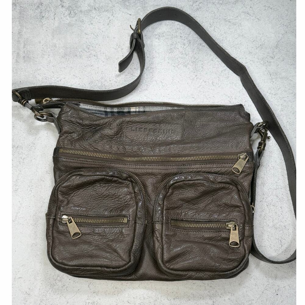 Liebeskind Brown Leather with a grey plaid liner crossbody purse itility